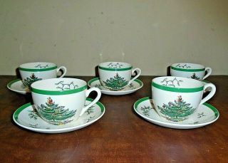 5 Vintage Christmas Tree Pattern Cups & Saucers Spode England