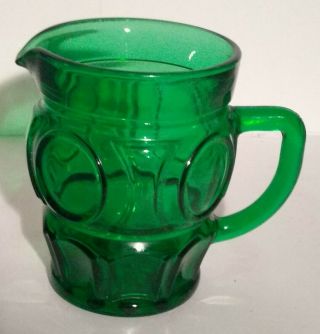 Vintage Small Forest Green Retro Glass Pitcher Or Large Creamer Circles & Panels