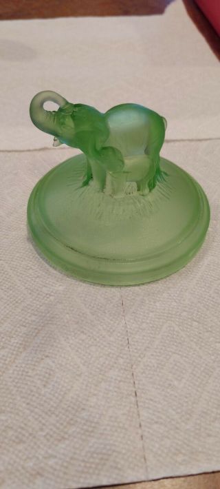 Green Frosted Depression Glass Covered Dish Lid With Elephant