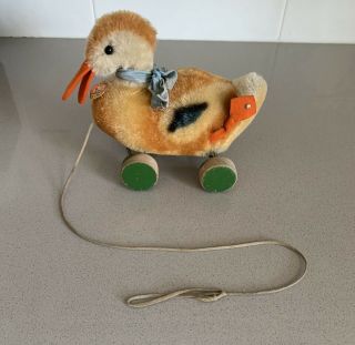 Vintage Steiff Mohair Duck On Wheels