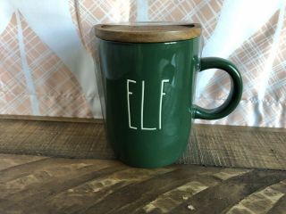 2020 Rae Dunn “elf” Green Christmas Holiday Mug With Topper/lid/coaster.