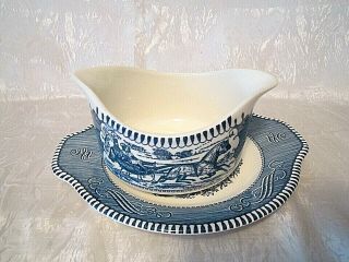 Currier & Ives Royal China Vintage Blue And White Gravy Sauce Boat W/underplate