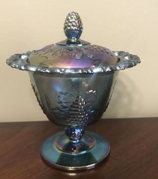 Indiana Blue Carnival Glass Harvest Grape Compote Lace Trim Candy Dish Vintage