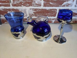Vtg 3 Farber Bros Krome Kraft Cobalt Blue Wine Glass Decanter Beer Tumbler
