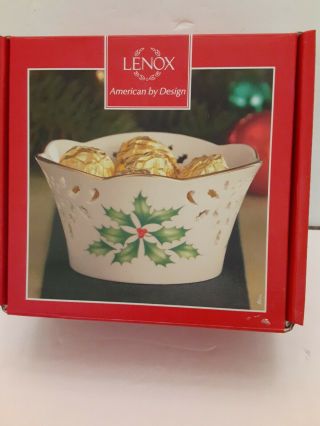 Lenox " Holiday Pierced Small Bowl " 2.  5 Inch Holly Decorated