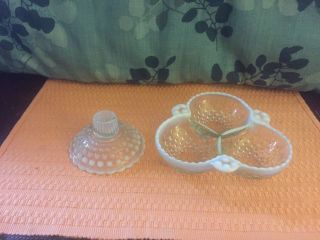 Vintage Fenton Moonstone Opalescent Hobnail Candy Dish And Candle Stick Holder