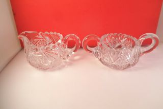 Vintage Mixed Clear Glass Cut Hobstar Pinwheel Sugar Bowl & Creamer