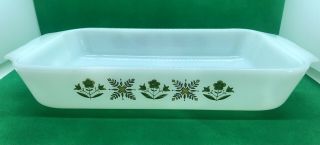 Vintage Anchor Hocking Fire King Casserole Dish Meadow Green Pattern 432 1.  5 Qt