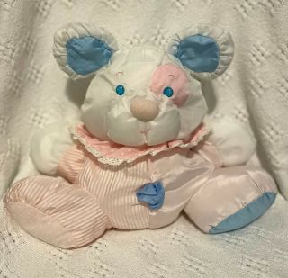 Vintage Fisher Price Puffalump Bear Plush Rattle White Pink Blue 1989
