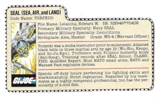 1983 Torpedo V.  1 File Card Peach Filecard Gi Joe Jtc