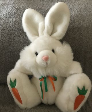 Vintage Mty International Bunny Rabbit Plush White Carrot Feet Orange Green Bow