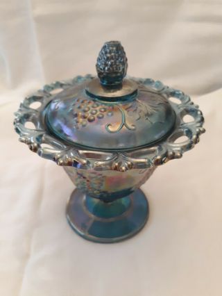 Vintage Indiana Blue Carnival Glass Harvest Grape Compote Candy Dish With Lid