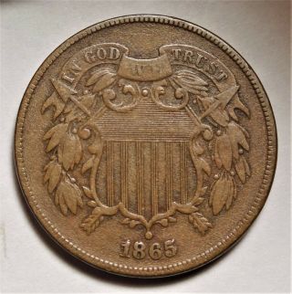 Rpd 1865 Two Cent Piece Repunched Date Fs - 1301 2c Variety Coin
