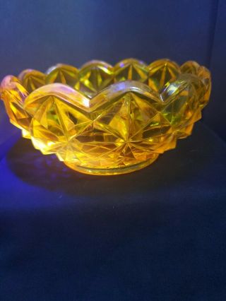 Yellow Glass Manganese Glow Bowl Diamond Cut Scallop Edge 3 " Tall