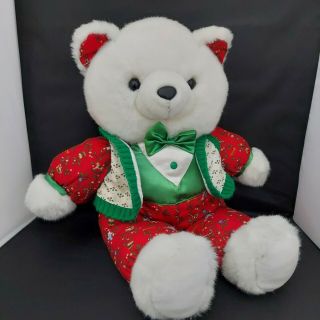 Vintage Kmart Christmas White Teddy Bear 22 " Plush Red Green Stuffed Animal 1986