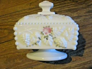 Vintage Westmoreland Milk Glass Lidded Pedestal Candy Dish Grapevine & Flowers