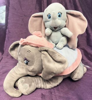 Mrs Jumbo Mother Elephant & Baby Dumbo 13 " Plush Set Disney Store Laying Stuffed
