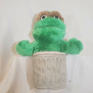 Vintage 80’s Sesame Street Oscar The Grouch In Trash Can Plush Hand Puppet Toy