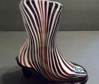Hand Blown Art Glass Black & White Striped Boot Decor Vase Planter With Pontil