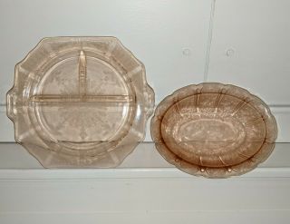 Rose Depression Glass Cherry Blossom Serving Bowl & Patterned 3 Sectioned Plate