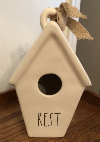 Rae Dunn By Magenta Birdhouse White Ceramic Slant Roof Rest Nest W/ Eggs On Back