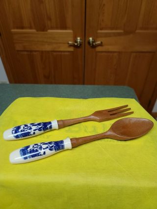 Vintage Blue Willow Wooden Fork And Spoon Set.  Ex.