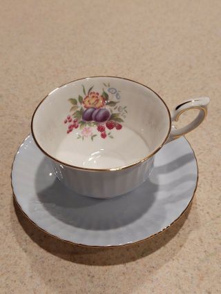 Paragon Teacup And Saucer Blue With Floral/fruit Bouquet Fine Bone China