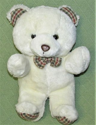 12 " Vintage Gerber Precious Plush Teddy Bear White With Brown Tan Plaid Stuffed