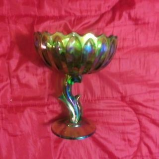 Vintage Indiana Glass Green Iridescent Carnival Glass Candy Dish With Pedestal