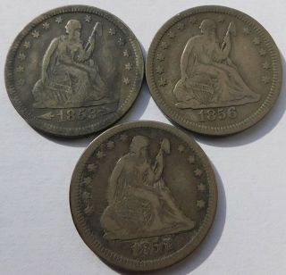 1853 W/ Arrows Rays,  1856,  1857 Seated Liberty Silver Quarters,  Three 25c