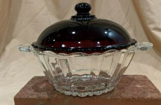Unique Vintage Anchor Hocking 5 1/2 " Clear Glass Candy Dish With Ruby Red Lid