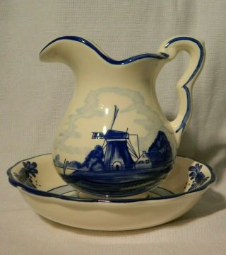 Vtg Joa Delft Blue & White 5 " Pitcher And Bowl Set D.  A.  I.  C Holland Hand Painted