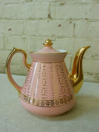 Vintage Hall China 6 Cup Pink Tea Pot W/ Goldtone Basket Weave Pattern