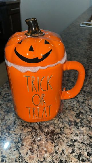 Rae Dunn Halloween By Magenta Trick Or Treat Orange Mug With Pumpkin Topper Ll