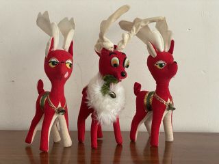 Set Of 3 Vintage Dakin Napco Dream Pets Reindeer Christmas Toy Japan 10” Red