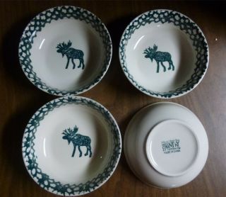 Folk Craft Moose Country By Tienshan 6½ " Soup/cereal Bowls,  Set Of 4;green Edge