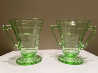 Vintage Uranium Sugar And Creamer Block Optic Vaseline Green Depression Glass