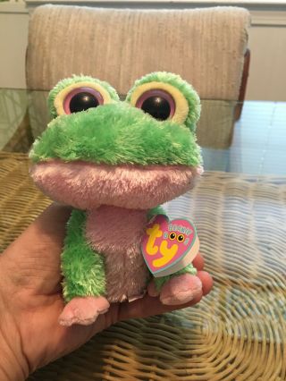 With Tag - Retired Ty Beanie Boos Kiwi The Frog Plush Toy - Green/pink