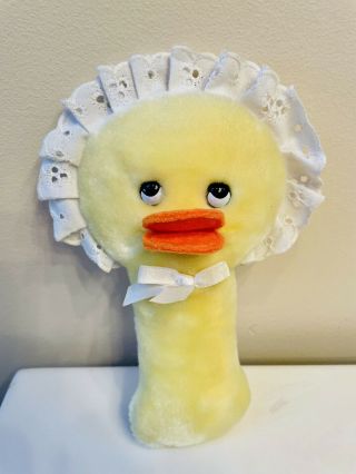 Vintage Eden Baby Duck Bonnet Rattle Stuffed Yellow Chick Stuffed Plush 7 " Toy