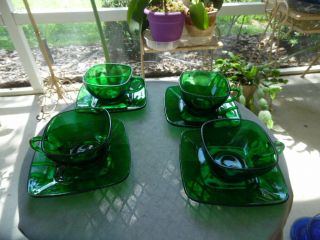 Set 4 Anchor Hocking Mid Century Modern Charm Forest Green Glass Cups & Saucers