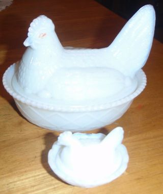 2 Vintage White Milkglass Chicken On A Nest,  Large And Small