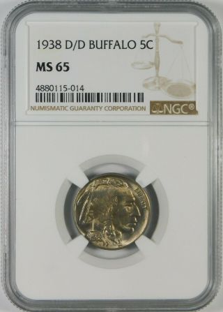 1938 - D/d 5c Indian Head Buffalo Nickel Coin Ngc Ms65