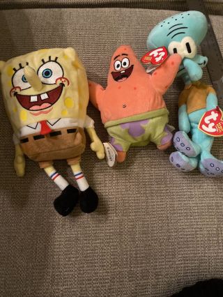 Ty Beanie Baby Spongebob Squarepants Patrick Star & Squidward Plush