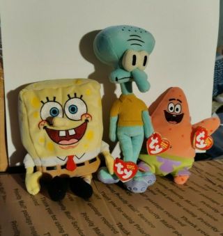 Ty Beanie Babies Spongebob Squarepants,  Patrick Star,  & Squidward