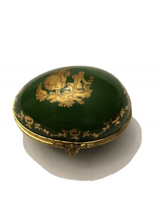 Limoges L Green Porcelain Egg Shaped Trinket Box With Metal Trim