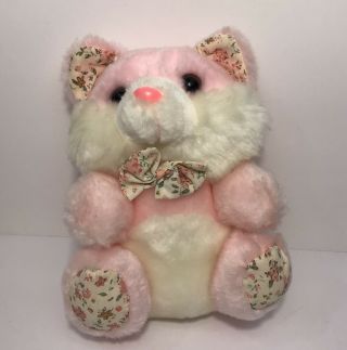 Vintage 1980s Cuddle Wit Pink & White Floral Kitty Cat Kitten Stuffed Plush Toy