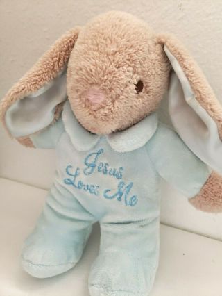 Dan Dee Bunny Rabbit Plush Stuffed Animal Tan Blue Jesus Loves Me Musical Satin 2