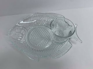 Vintage Seafood Cocktail Server Clear Glass Fish Plate With Sauce Cup