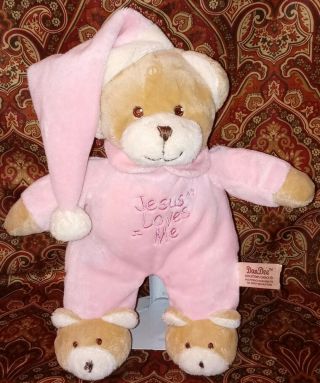 Dan Dee Jesus Loves Me Musical Plush Pink Baby Lovey Teddy Bear Slippers Pjs Toy