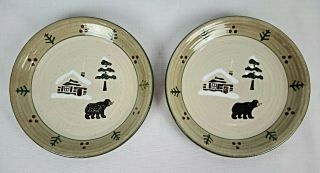 Set Of 2 Sonoma Home Lodge Stoneware 8 " Salad Plates - Winter Cabin Bear